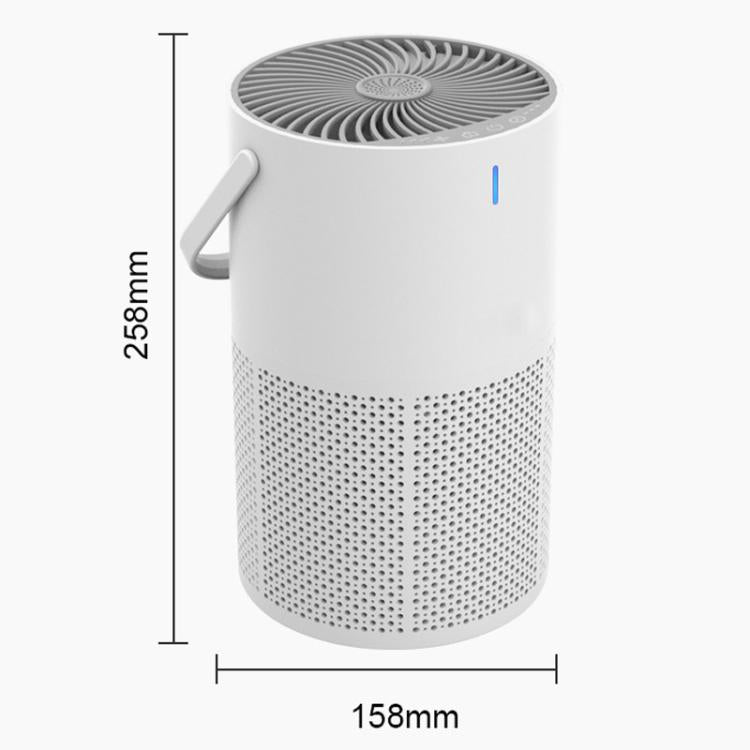 Compact white air purifier with curved handle, blue indicator, and top fan grille