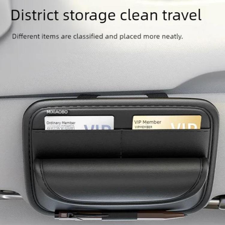 Black sun visor organizer open view with card slots and eyeglass storage compartment