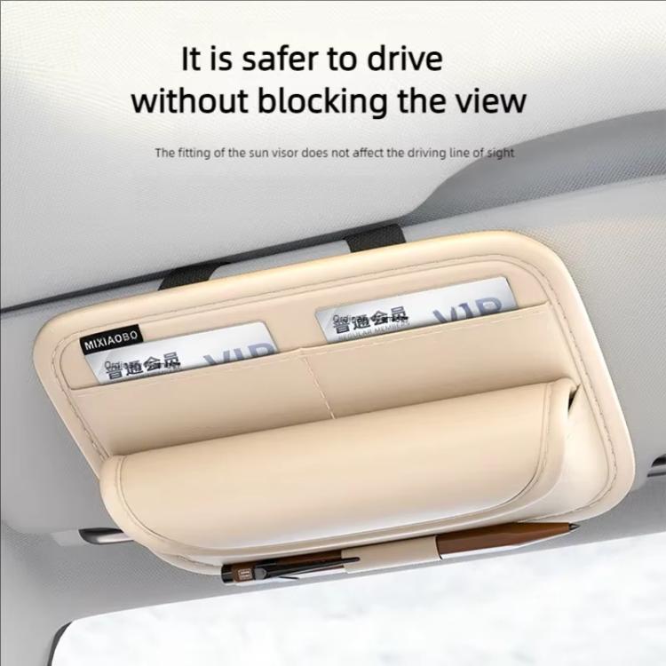 Beige sun visor organizer open view with card pockets and eyeglass storage
