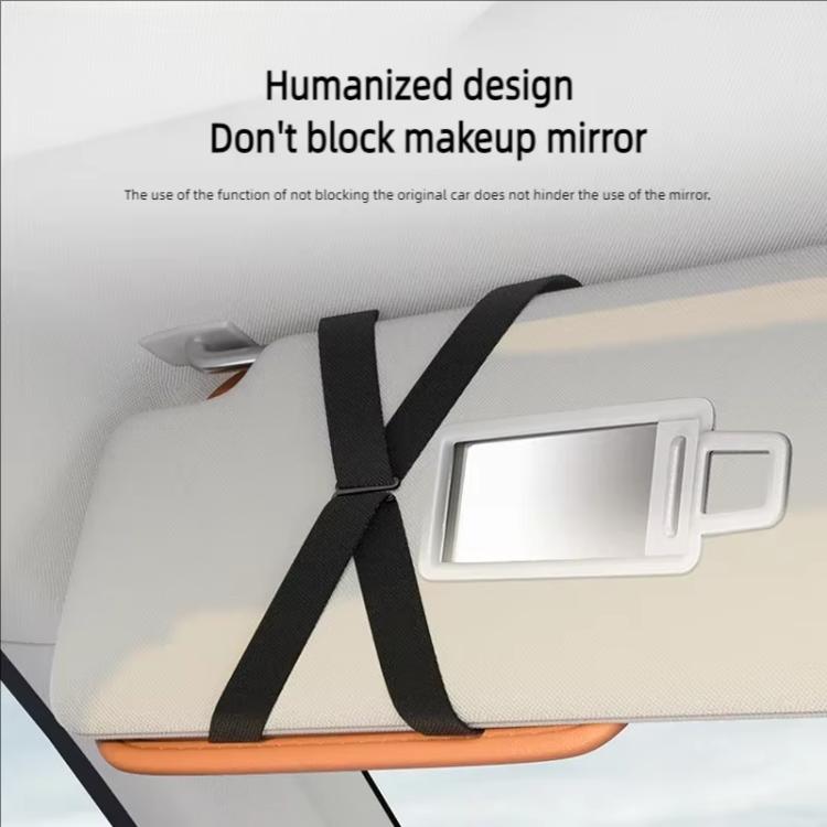 Beige sun visor organizer with strap and mirror cutout design