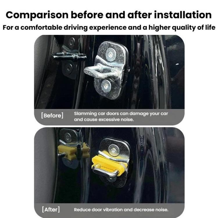 Car door latch with yellow silicone buffer pads covering the lock striker