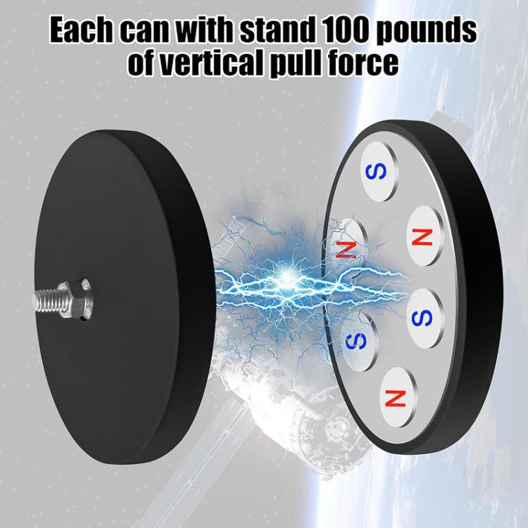 Pair of black magnetic mounting discs with metal bolt hardware