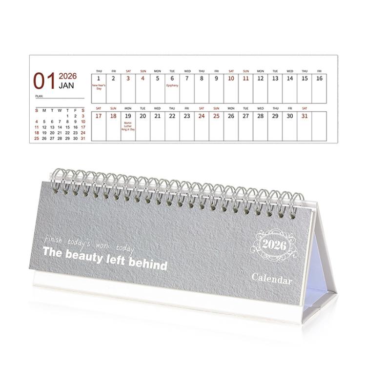 Gray 2026 mini desk calendar with spiral rings and flip stand, monthly grid Jan–Dec