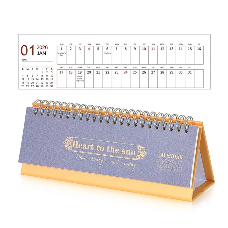 Blue 2026 mini desk calendar with spiral rings and flip stand, monthly grid Jan–Dec