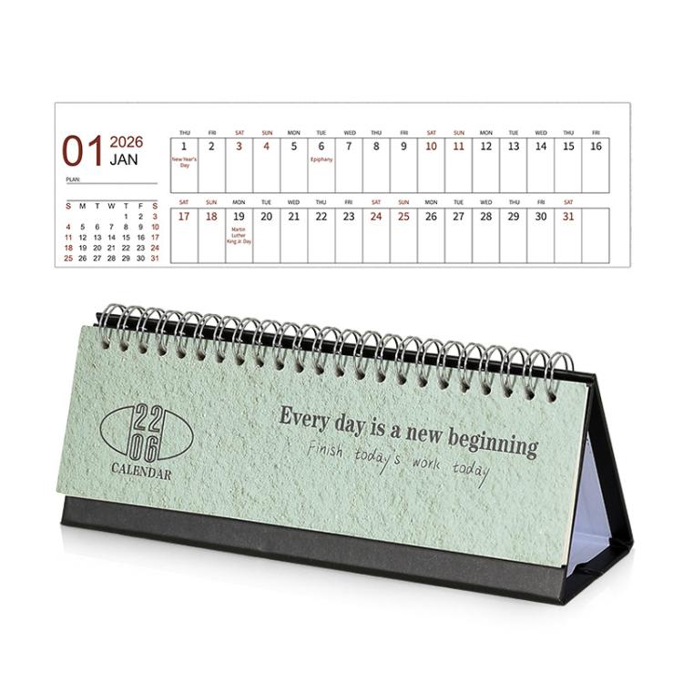 Green 2026 mini desk calendar with spiral rings and flip stand, monthly grid Jan–Dec