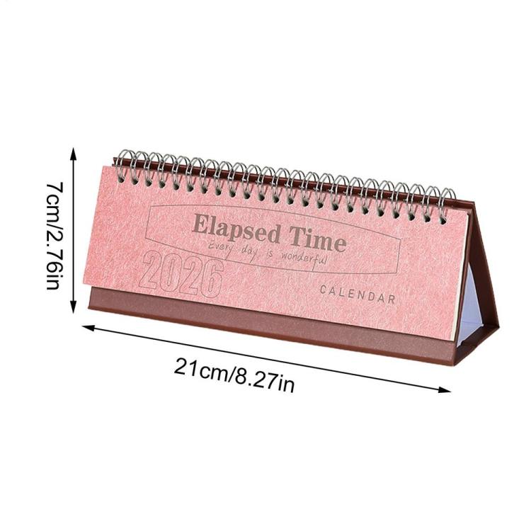 Pink 2026 mini desk calendar with spiral rings and flip stand, size shown in inches