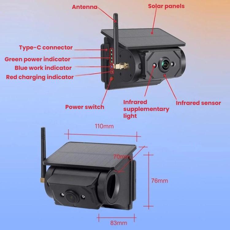 Solar-powered reversing camera module with infrared sensor area and power switch, black