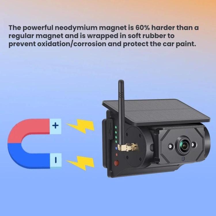 Magnetic solar-powered camera with front lens, indicator lights, and mounting plate, black