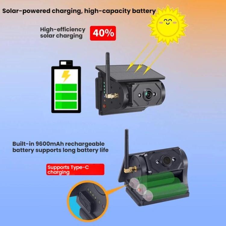 Solar-powered WiFi car camera with solar panel top and battery compartment, black