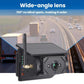 Solar-powered reversing car camera with front lens housing and antenna, black