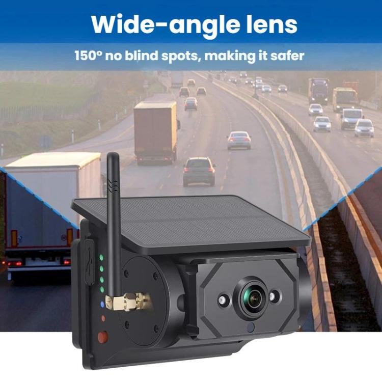 Solar-powered reversing car camera with front lens housing and antenna, black