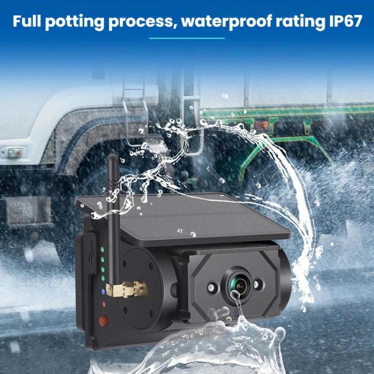 Weatherproof solar-powered car camera with rugged black casing and front lens housing
