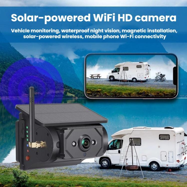 Solar-powered WiFi HD car camera with solar panel top and side antenna, black