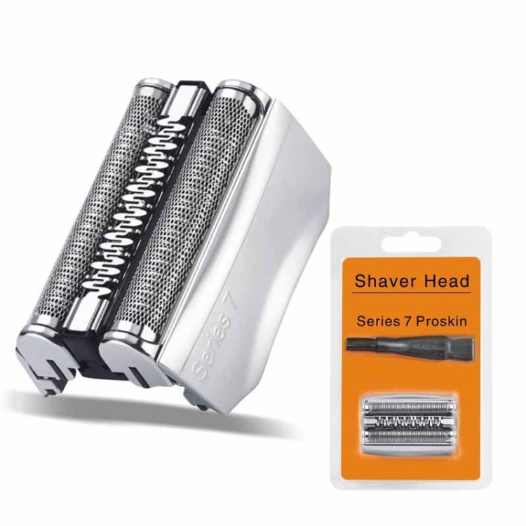 Replacement Braun shaver head with dual foil and cutter blades, silver housing