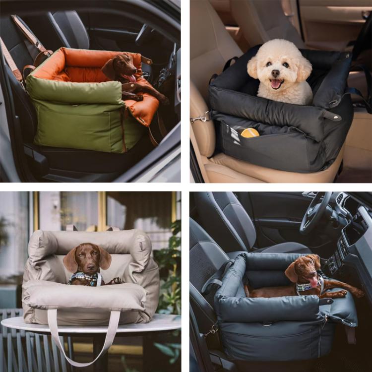 Multi-color pet car seat bed set in green, black, gray, and dark blue, dogs inside