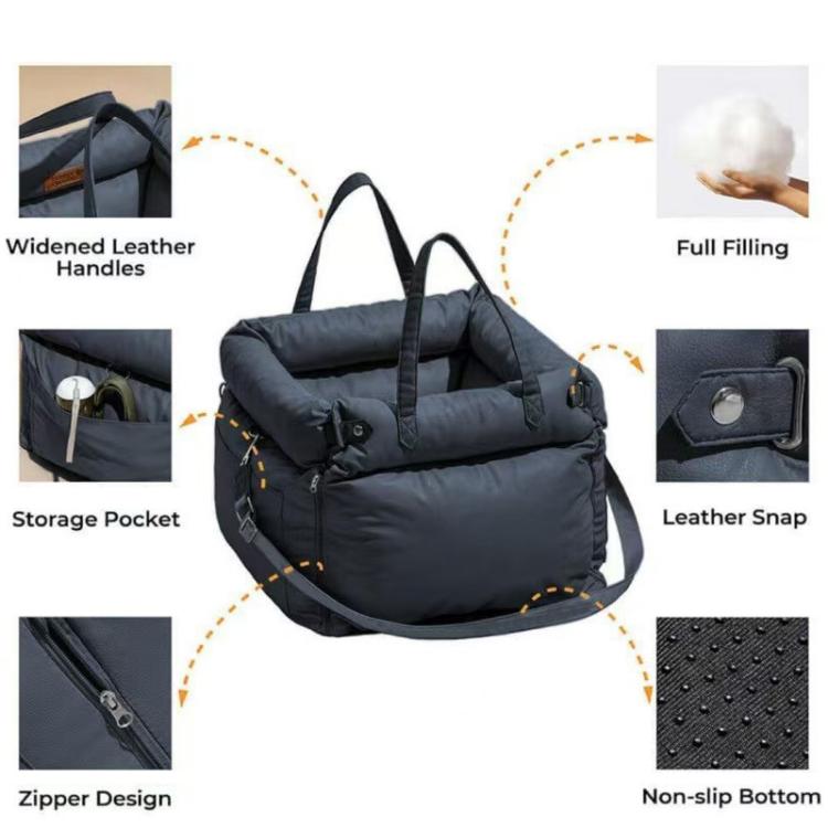 Black pet car seat bed with zipper, storage pocket, leather handles and snap details
