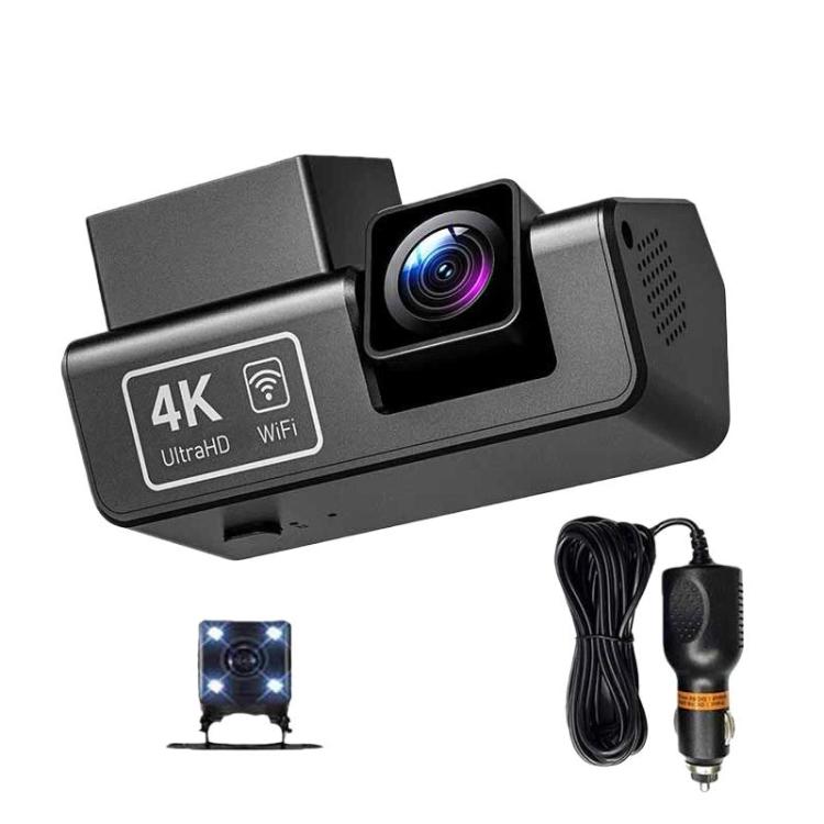 Dual-lens screenless dash camera with front unit, rear camera, and power cable