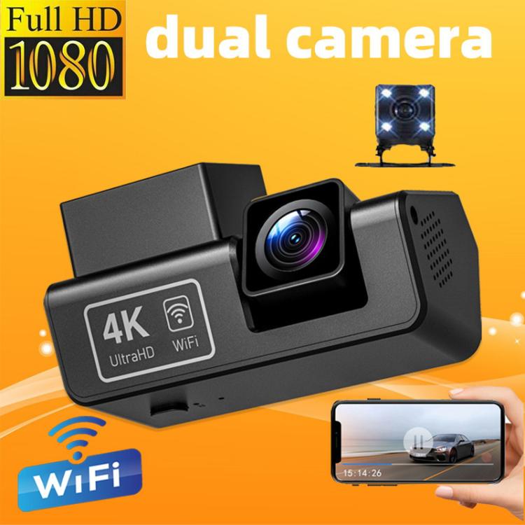 Screenless dual-camera dash recorder with front unit and rear camera