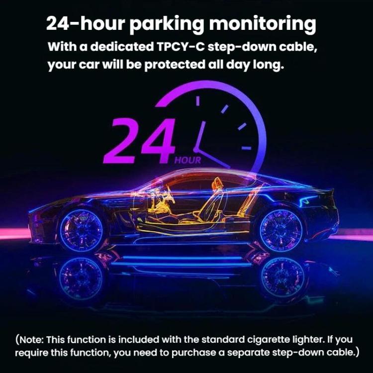 Screenless dash camera with 24-hour parking monitoring illustration