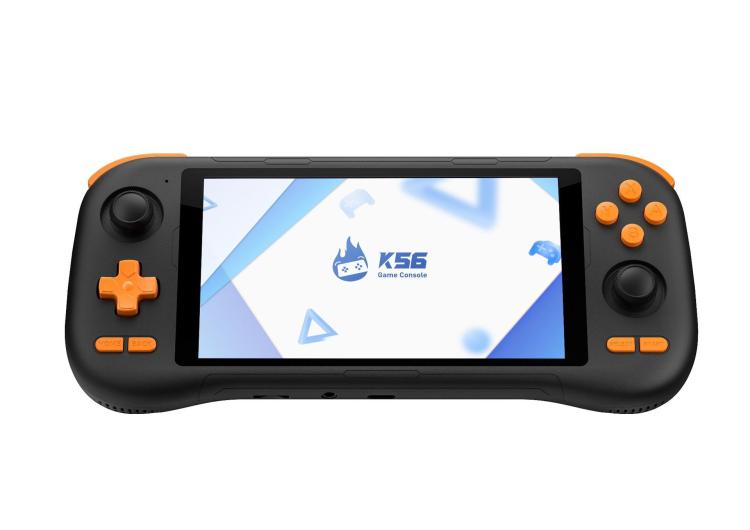Black handheld retro game console with 5.5-inch touchscreen and orange button accents