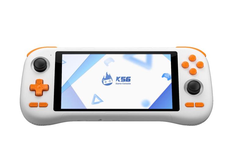 White handheld retro game console with 5.5-inch touchscreen and orange control buttons