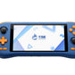 Blue handheld retro game console with 5.5-inch touchscreen and orange control buttons