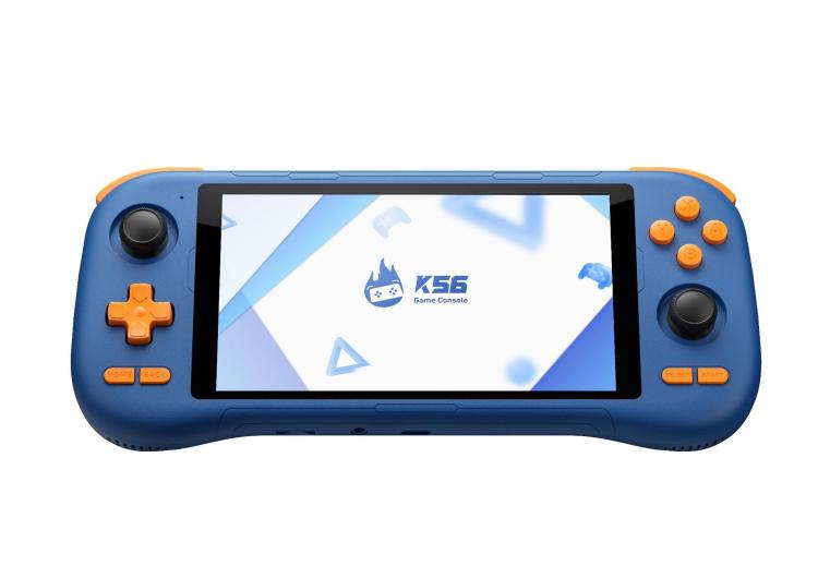 Blue handheld retro game console with 5.5-inch touchscreen and orange control buttons