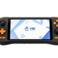Black handheld game console with 5.5-inch touch screen and orange D-pad face buttons