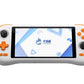 White handheld game console with 5.5-inch touch screen and orange analog stick grips