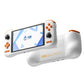 White handheld retro game console at angle with orange controls and 5.5-inch touchscreen