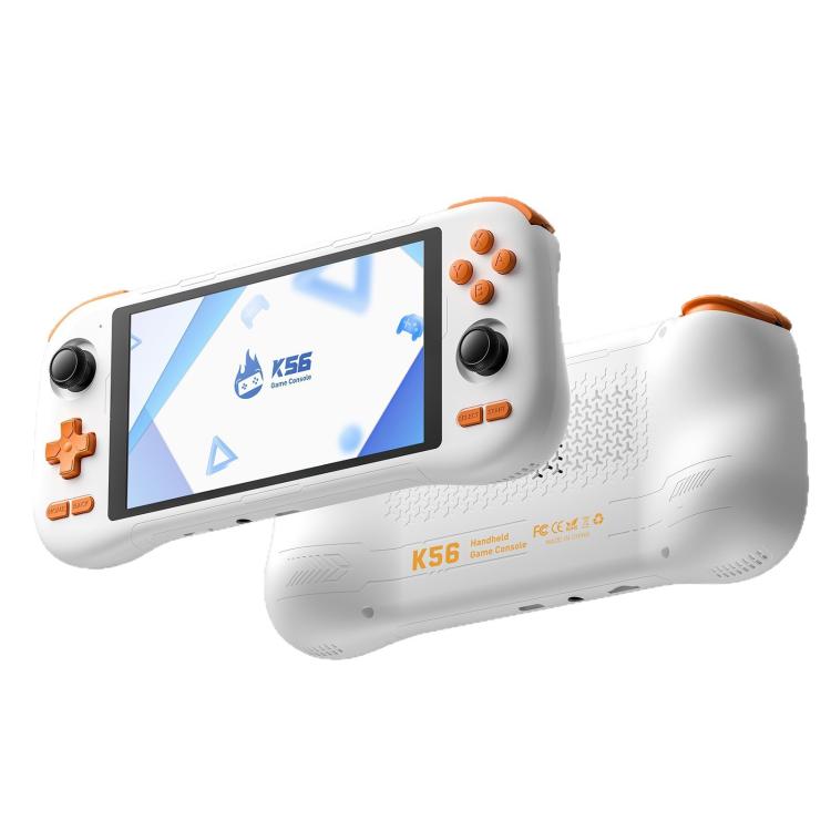 White handheld retro game console at angle with orange controls and 5.5-inch touchscreen