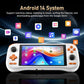 White handheld game console with touchscreen showing colorful app icons
