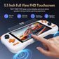 White handheld game console with 5.5-inch touchscreen and finger touching the display