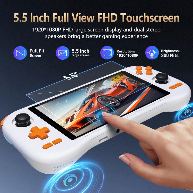 White handheld game console with 5.5-inch touchscreen and finger touching the display