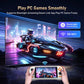 White handheld game console showing a vehicle game on screen held by two hands