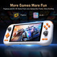 White retro handheld game console with 5.5-inch touchscreen and orange buttons