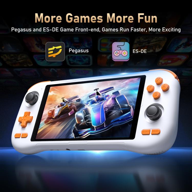 White retro handheld game console with 5.5-inch touchscreen and orange buttons