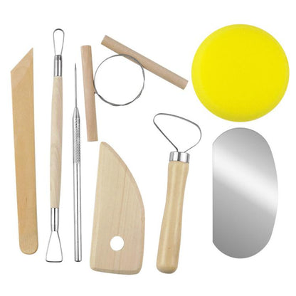 8-piece wooden pottery clay carving tool set with metal loops and sculpting tips