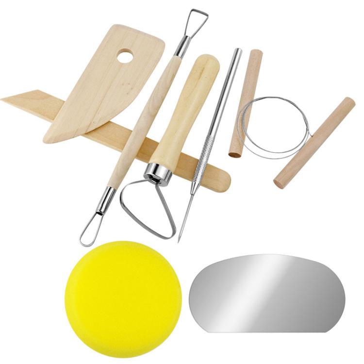 Wooden clay sculpting tools set with metal wire loop, rib, and needle tools