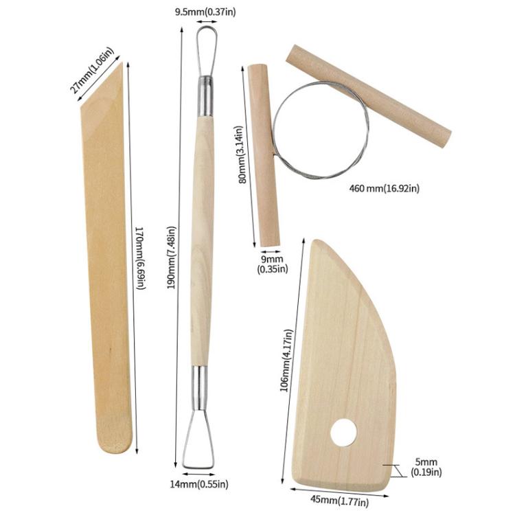 Wooden clay carving tool set with metal-handled scrapers and loop wire