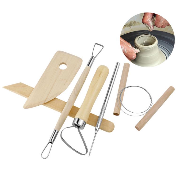 Wooden clay modeling tool set with metal wire tools and wooden rib scrapers