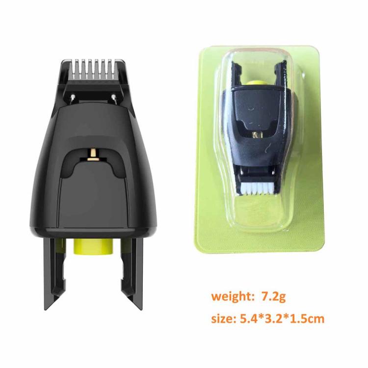 Trimmer blade head in clear blister pack, black comb teeth and yellow blade insert