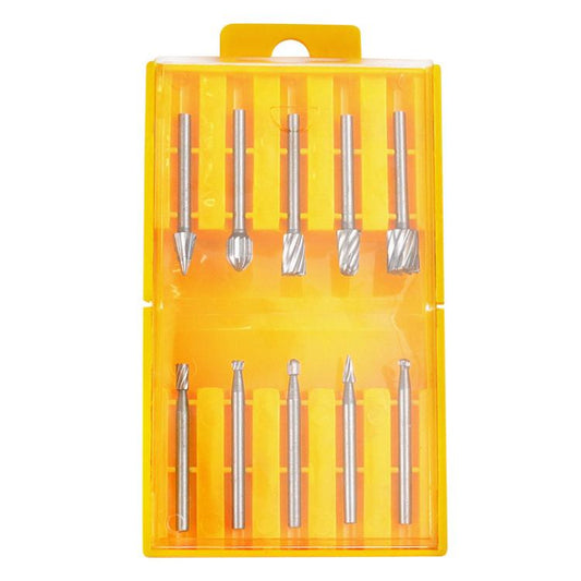 Rotary file set in yellow plastic case with 10 assorted metal carving bits