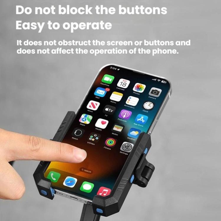 Telescopic phone holder mounted on bike handlebar with smartphone in cradle