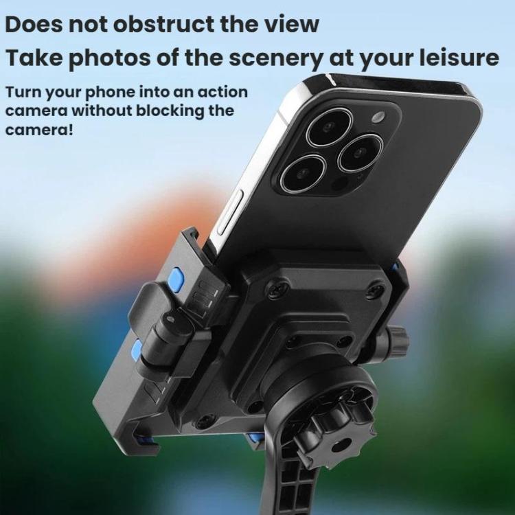 Telescopic bike phone holder holding a smartphone on handlebar with camera cutout