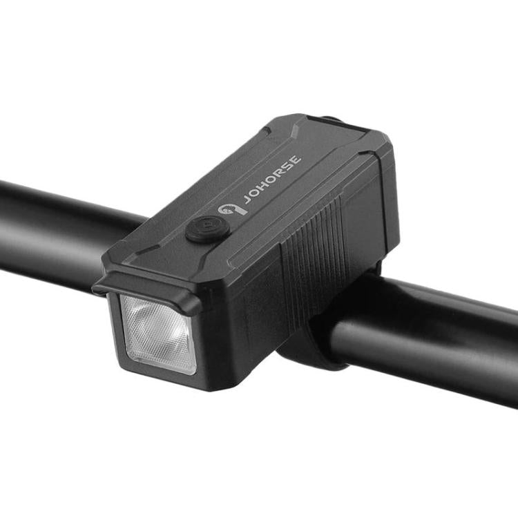 Black bicycle headlight on handlebar mount with square front LED lens