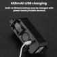 Black bicycle headlight with USB charging cable connected to the side port