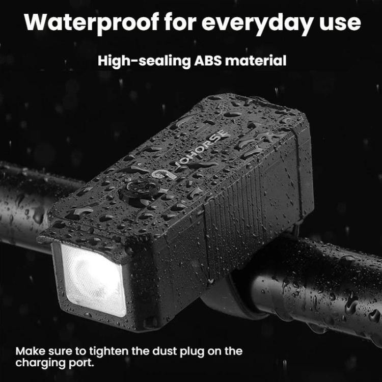 Waterproof black bicycle headlight with raindrop-splashed housing and front LED lens