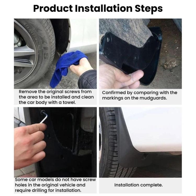 Black mud flap installation shown with fitted front fender guard
