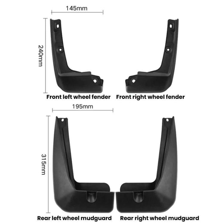 Black front and rear mud guards with labeled wheel fender dimensions